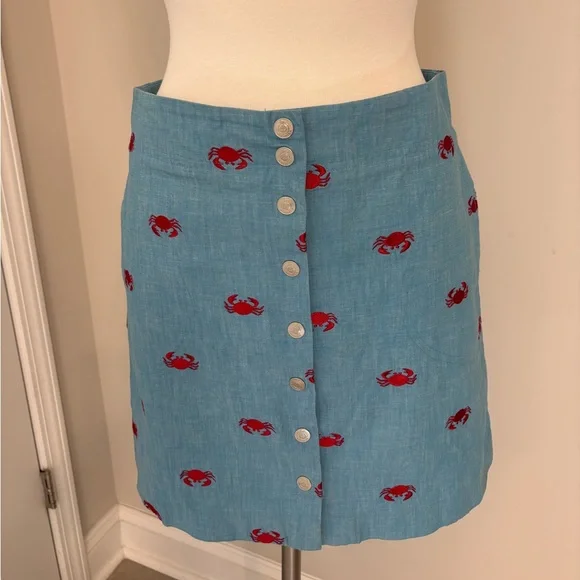 Lilly Pulitzer Vintage Blue Mini Skirt With Red Crabs Snap Closure Size 4 - Picture 1 of 6